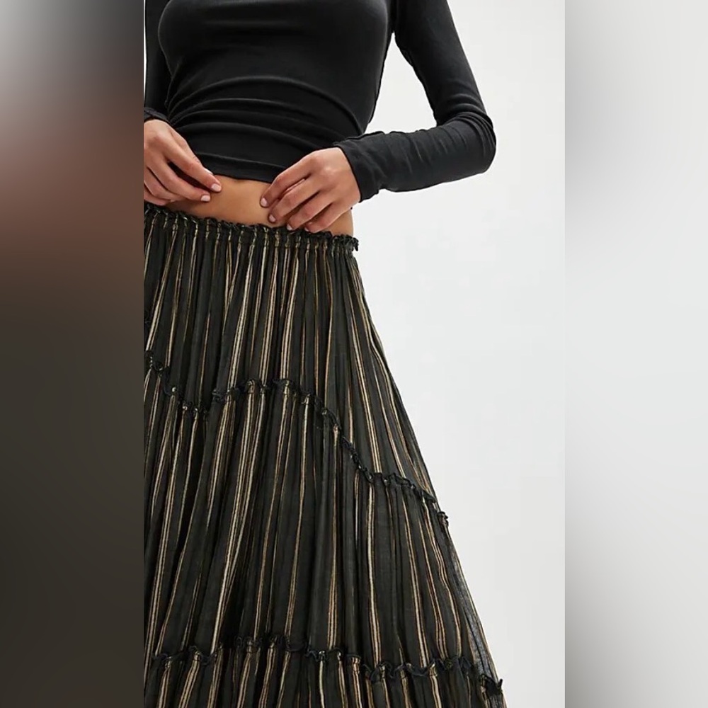 Free People Olive Green Striped Pleated Midi Skirt - Picture 2 of 11